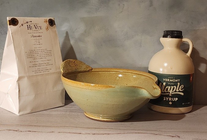 uphill pottery batter bowl with Hi Vue Farms pancake mix and maple syrup