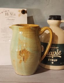 pistachio maple leaf design pitcher with pancake mix and maple syrup