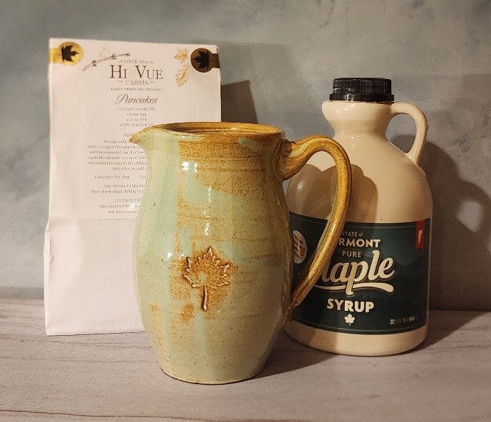 pistachio maple leaf design pitcher with pancake mix and maple syrup